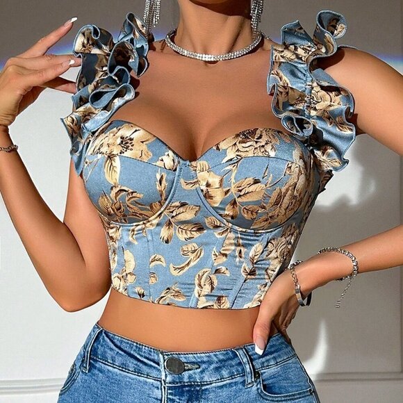 Dusty Blue Boho Women's Leaf Print Ruffle Trim Bustier Wide Straps Crop Top - Picture 1 of 4
